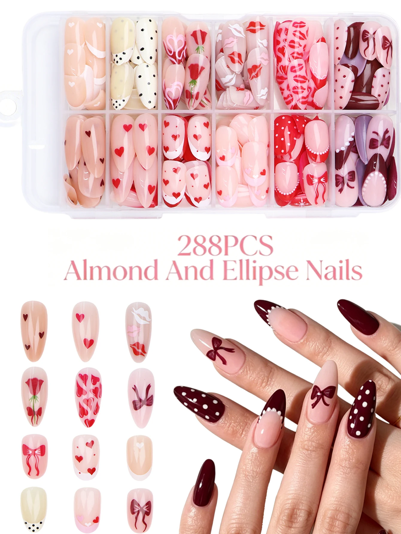 288PCS Almond & Ellipse Press On Nails 12 Mixed Designs Red Rose Heart Bow Polka Dot False Nails Reusable Box Pack Romantic Vale
