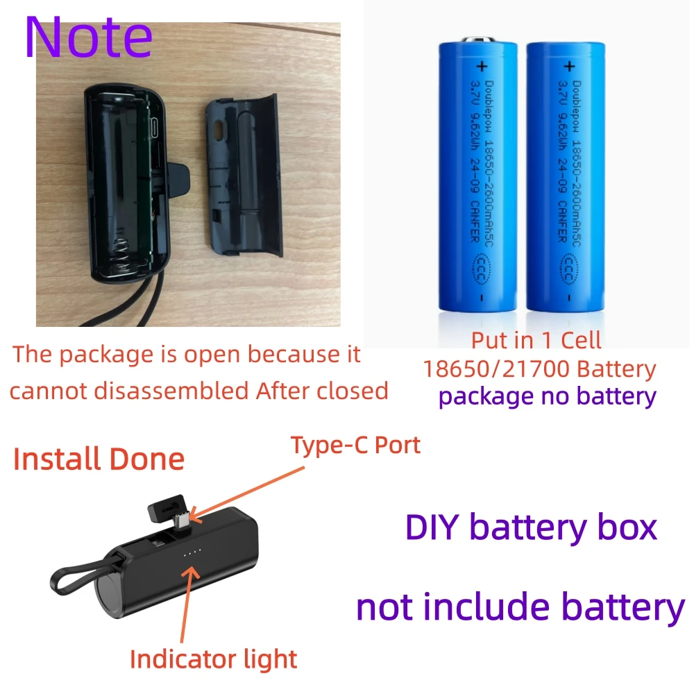 1 Slot 18650/21700 Battery Case 5V DIY Power Bank Kit Module For Type-C Port For Phone Pad Charging Portable With Lanyard