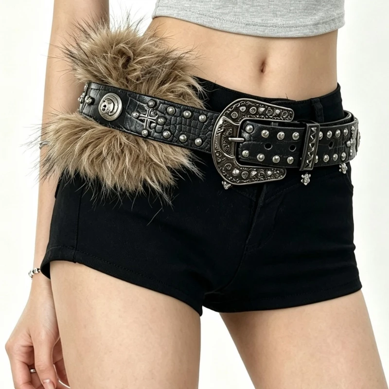 Y2K Millennial Western Cowboy Rhinestone Wide Belt Crocodile Print Faux Fur Splicing Punk Rivets Metal Carved Buckle Waistband
