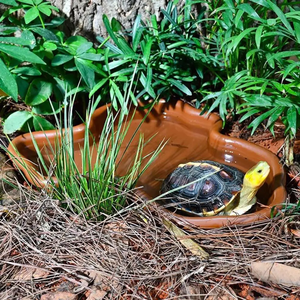 Turtle Water Tank Water Dish Bathtub with Anti-slip Ladder Drainage Hole for Tortoise Habitat Landscaping Water Basin for Turtle