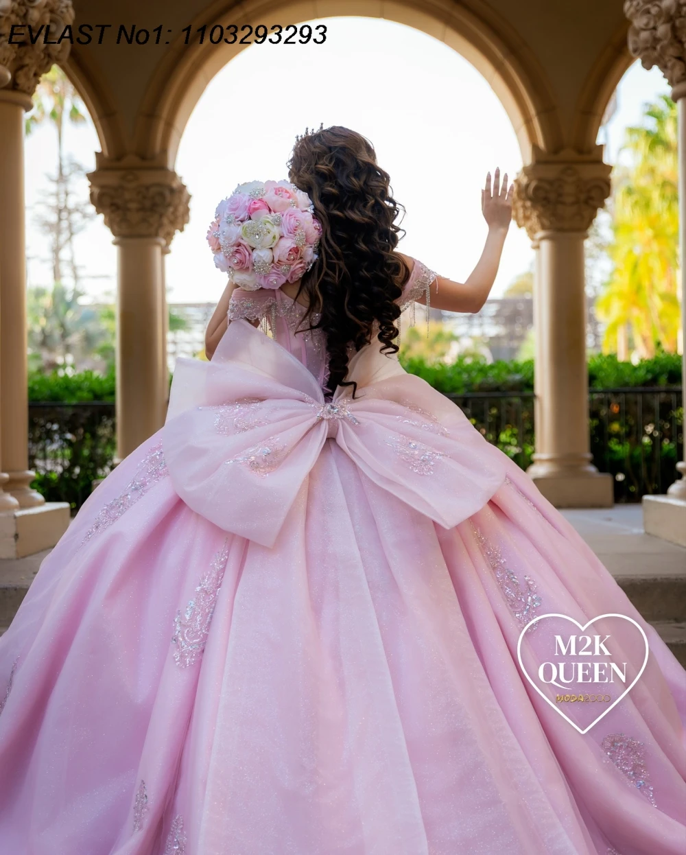 Evlast personalizado mexicano rosa quinceanera vestido de baile renda floral apliques miçangas arco doce 16 vestidos de 15 anos e1qn532