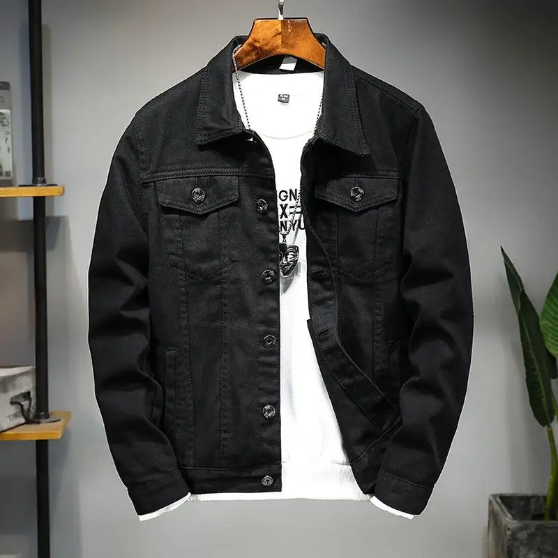 

Casual Men's Denim Jacket Pure Black Spring Youth Fashion Outerwear Shirt Sleeve Style Regular Length Outerwear for Men