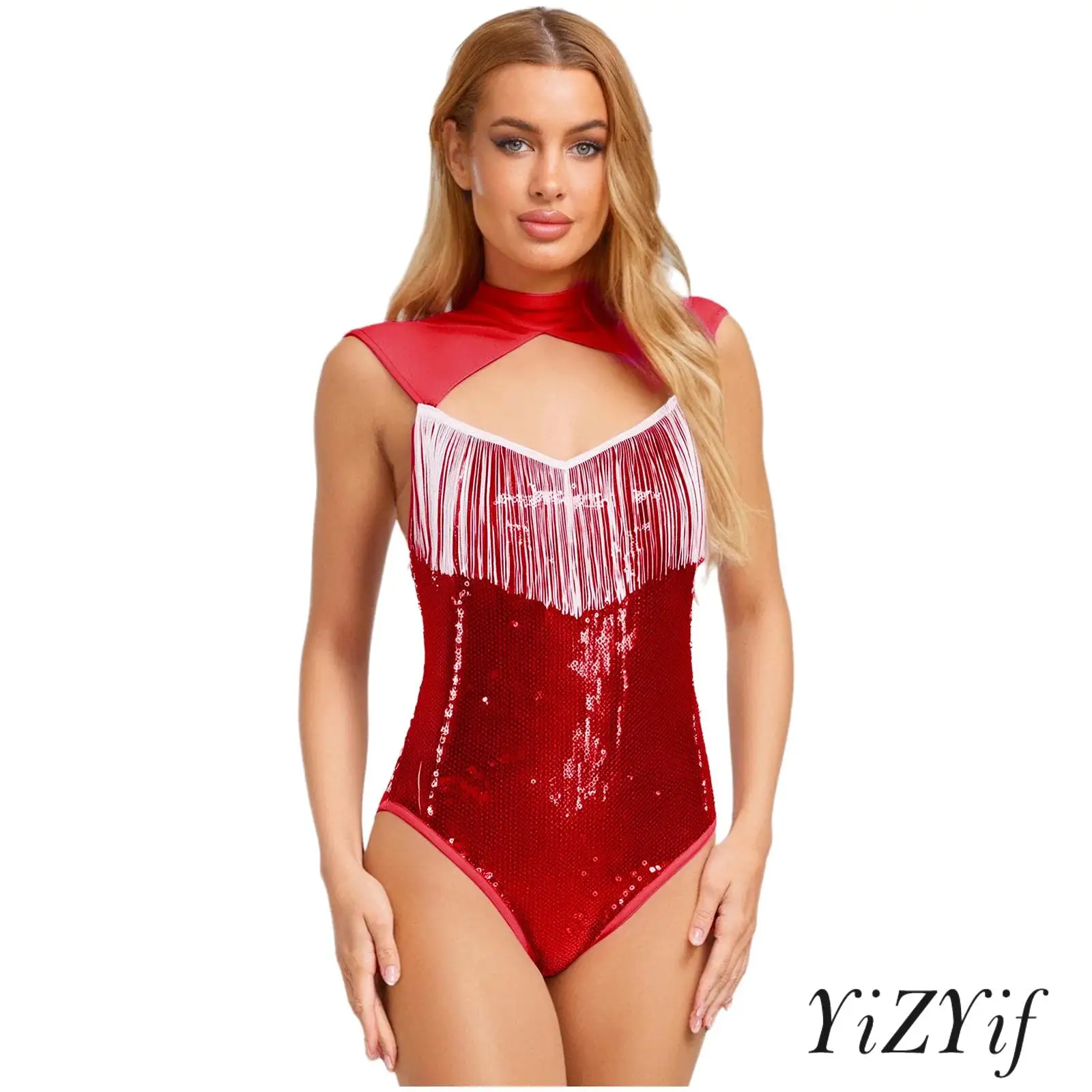 

Womens Jazz Latin Dance Bodysuit Dancewear Hollow Out Tassel Fringe Sleeveless Shiny Sequin Leotard One Piece Jumpsuit Clubwear
