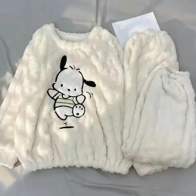 Sanrioed Kawaii 2 قطعة مجموعة بيجامة قطيفة مرحبا كيتي Pochacco الكرتون أنيمي الشتاء النساء Homewear الشتاء رشاقته الفتيات الدفء