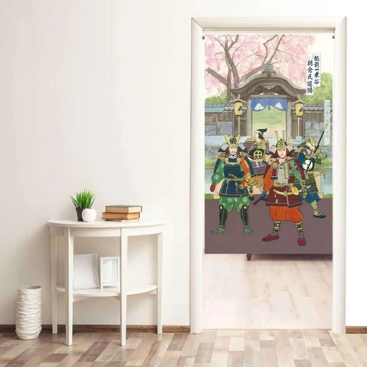 Japanese Samurai Noren Curtain, Vintage Ukiyo-e Style Samurai Warriors Print, Traditional Japanese Castle & Sakura Decor Room