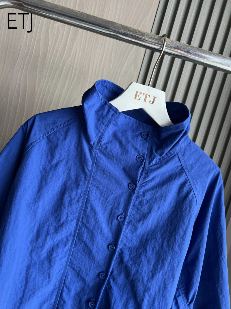 ETJ 2026 Damen Polyester Windbreaker mit Stehkragen, Knopfleiste, Leichtgewicht, Wasserabweisend, Puffärmel, Oversize-Jacke – Detail 8