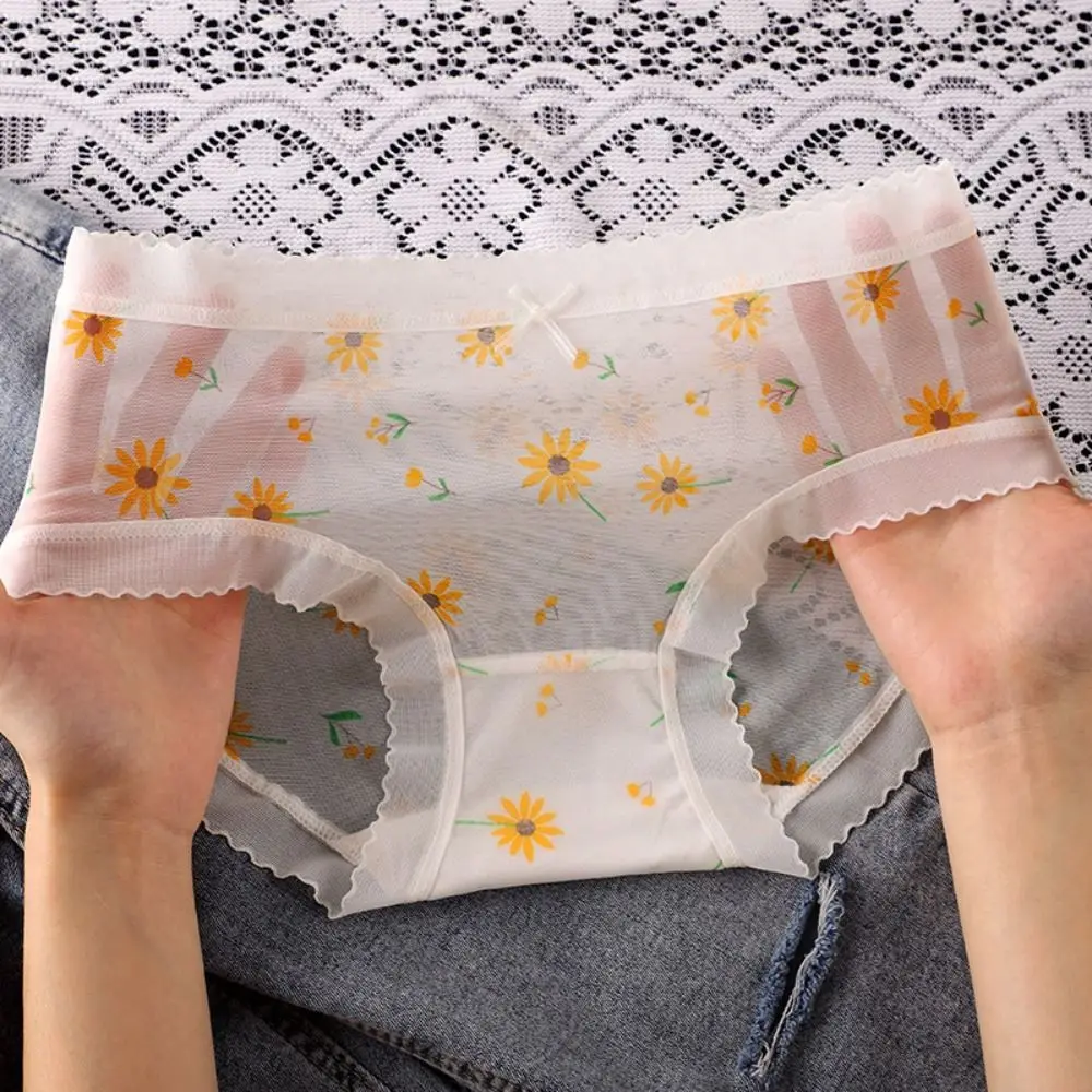 

5PCS Ultra-thin Mesh Flower Panties Mid Waist Seamless Transparent Floral Briefs Underpants Underwear for Women Girls