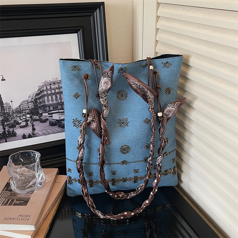 

Vintage Denim Tote Bag for Women - Embroidered Studded Shoulder Bag with Braided Strap, Boho Style Handbag for Casual Daily Use