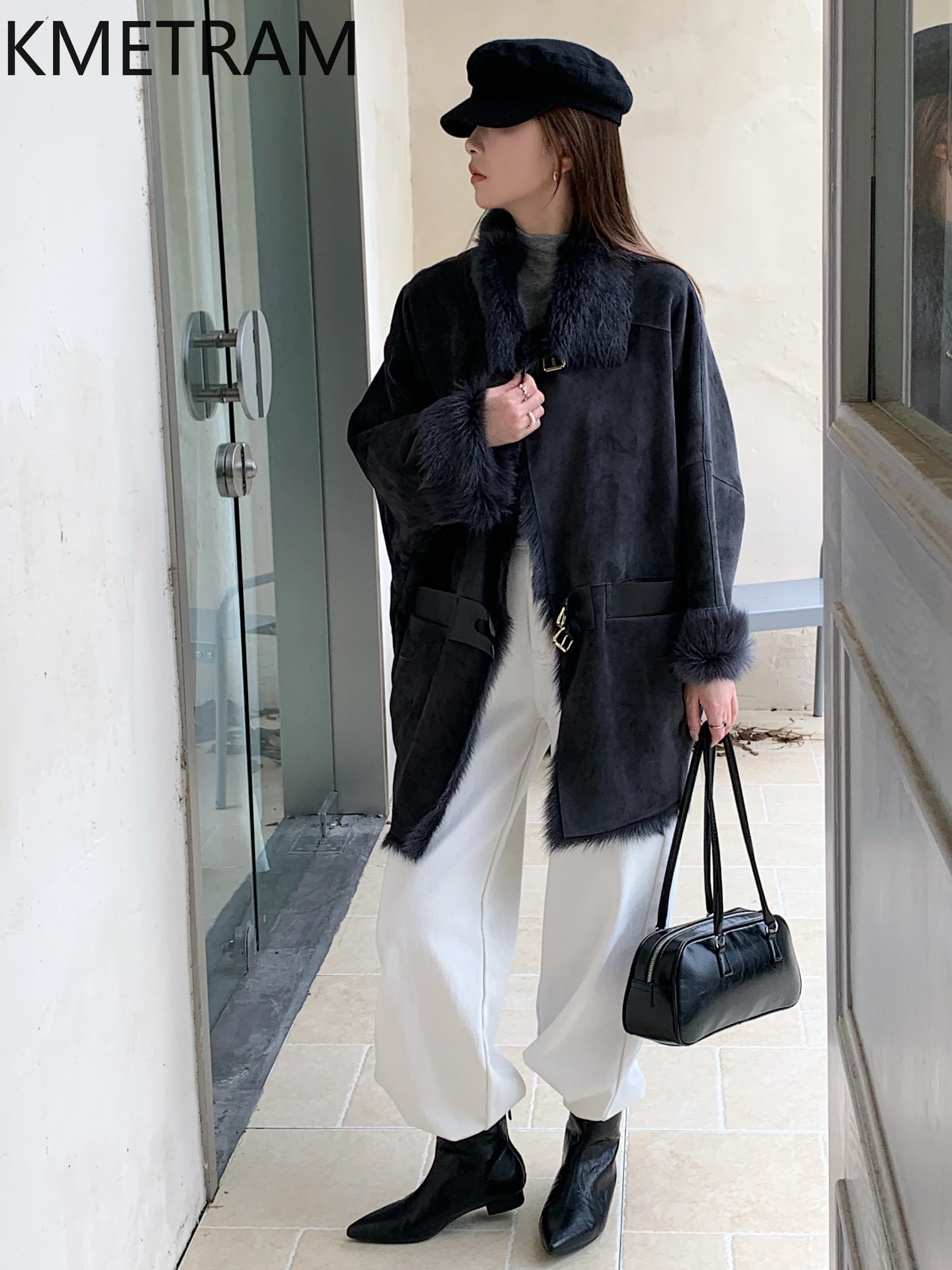 KMETRAM Real Goatskin with Wool Attached Jacket Women Luxury Dark Blue Fur Jackets 2025 New in Coats Winter Woman Clothing шуба