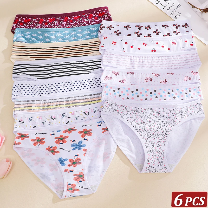 6pcs Soft Cotton Women Panties Sweet Floral Print Briefs Breathable Mid Rise Underwear Female Lingerie Cute Polka Dot Knickers