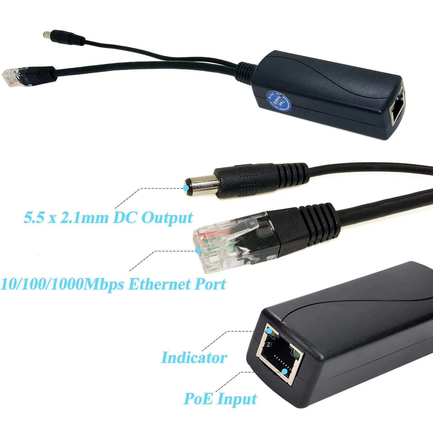 Gigabit PoE Splitter 12V 2A Output with IEEE 802.3af/at Standard Compliant 10,100,1000Mbps Power Over Ethernet Splitter Adapter