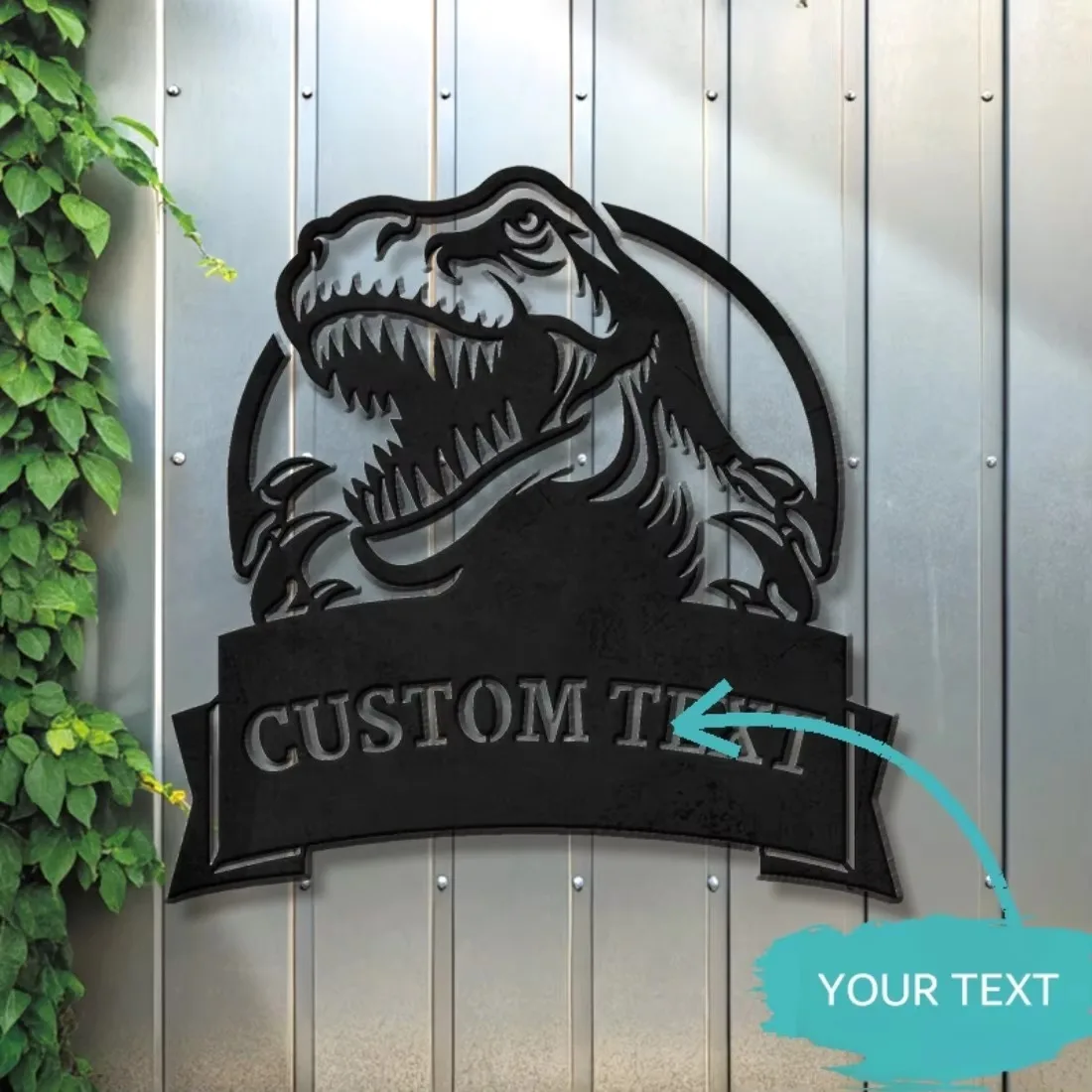 CIFbuy Custom Text Dinosaur T-Rex Metal Wall Art, Personalized Sign Indoor Outdoor Home Mancave Office Decor
