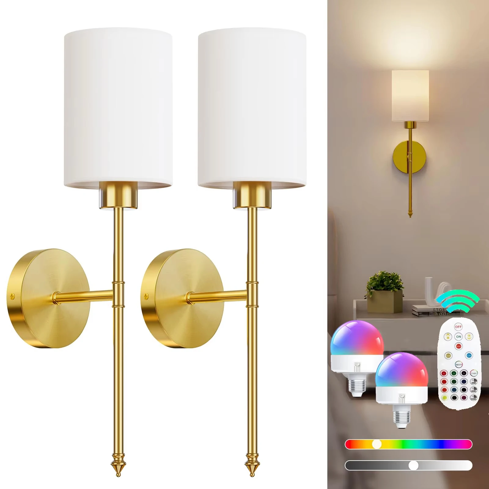 Battery Operated Wall Sconce Set of 2, Gold Wireless Rechargeable Wall Lights with 2200mAh Dimmable Detachable Bulbs and Remote