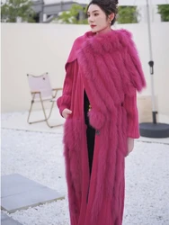 Women Special Autumn Real Fox Fur Knitting OverSize Long Coat Fox Fur Cardigan Lady's Fashion Spring Long Sweater Length 110cm