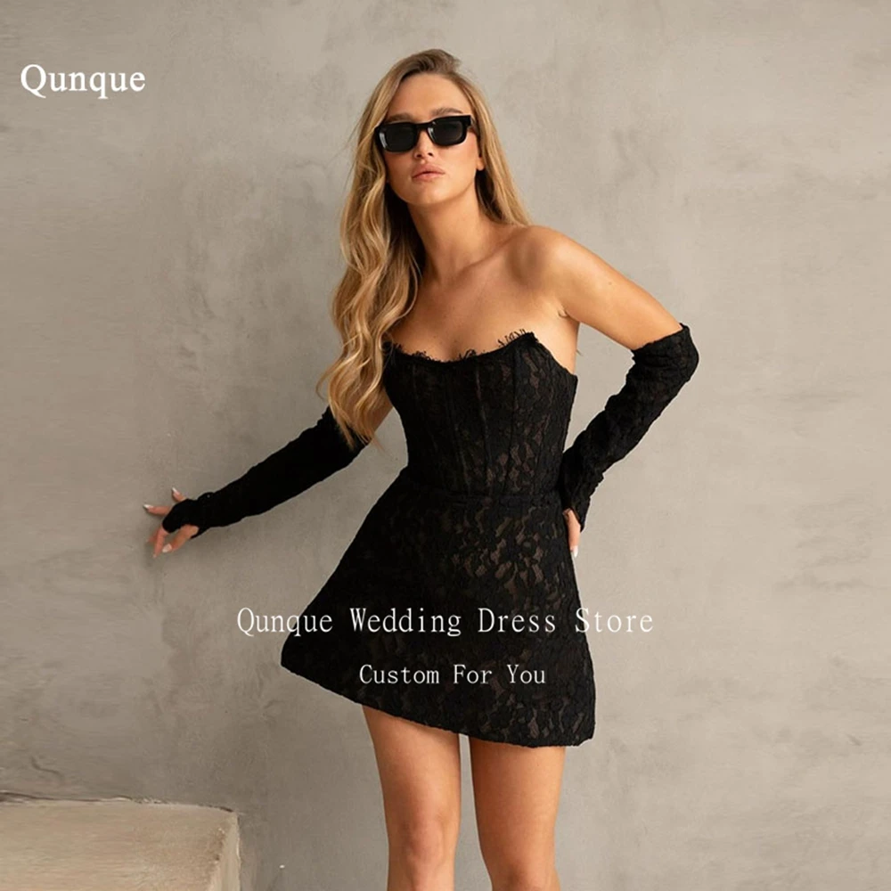 

Qunque Lace Off the Shoulder Mini Prom Dresses Robes De Soiree Detachable Sleeves Mini Lace Customized Party Gown Birthday Gowns