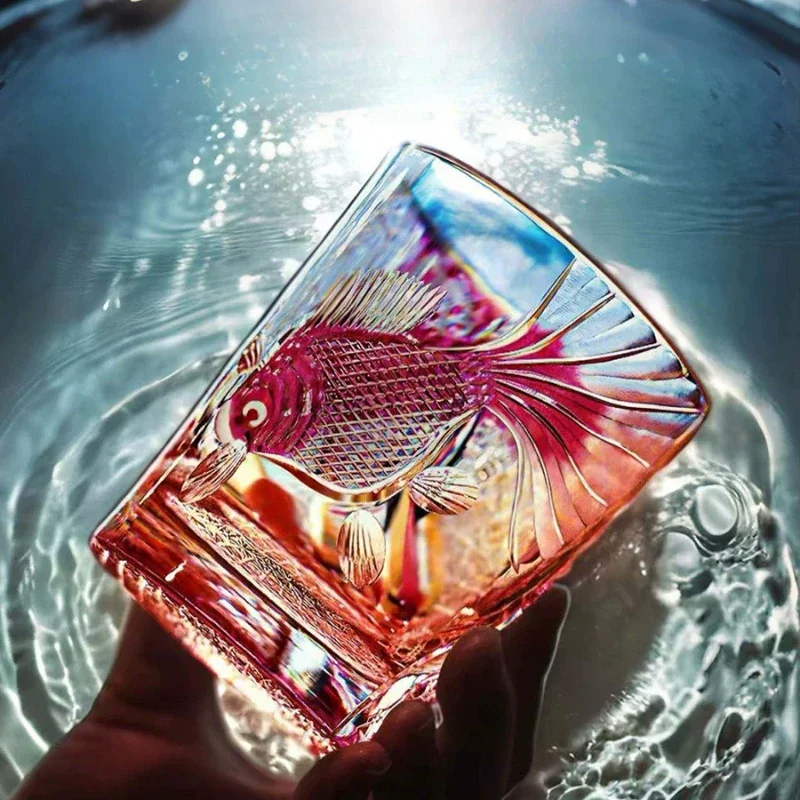 Pink Crystal Wine Glass Exquisite Carving Goldfish Edo Kiriko Wineglass Whiskey Cup Brandy Snifter Whisky Rock Tumbler For Women