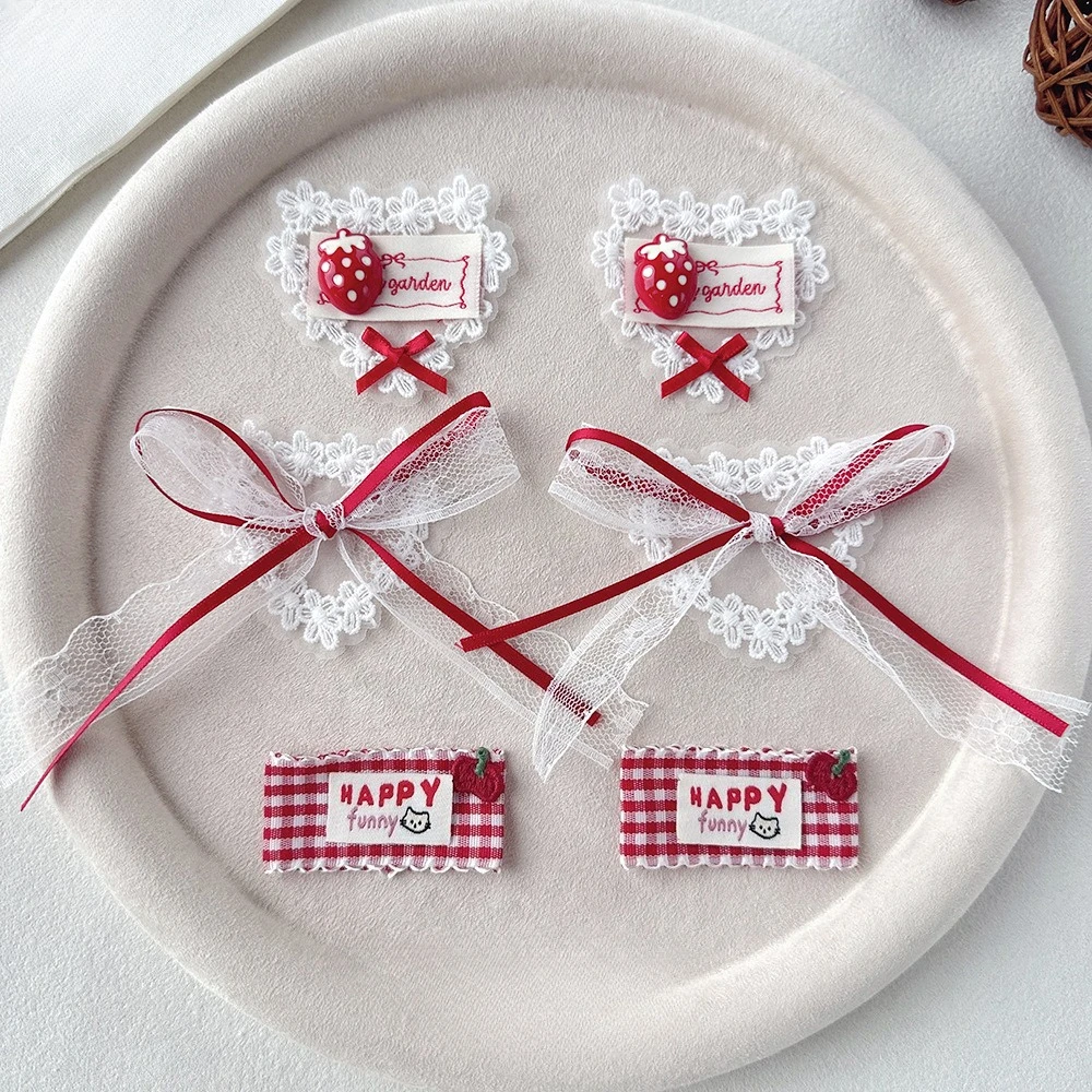 5Pcs Red Plaid Strawberry Lace Bow Streamers Cloth Patches DIY Decor Accessories for Socks Shoes Hats Bags Handmade Crafts