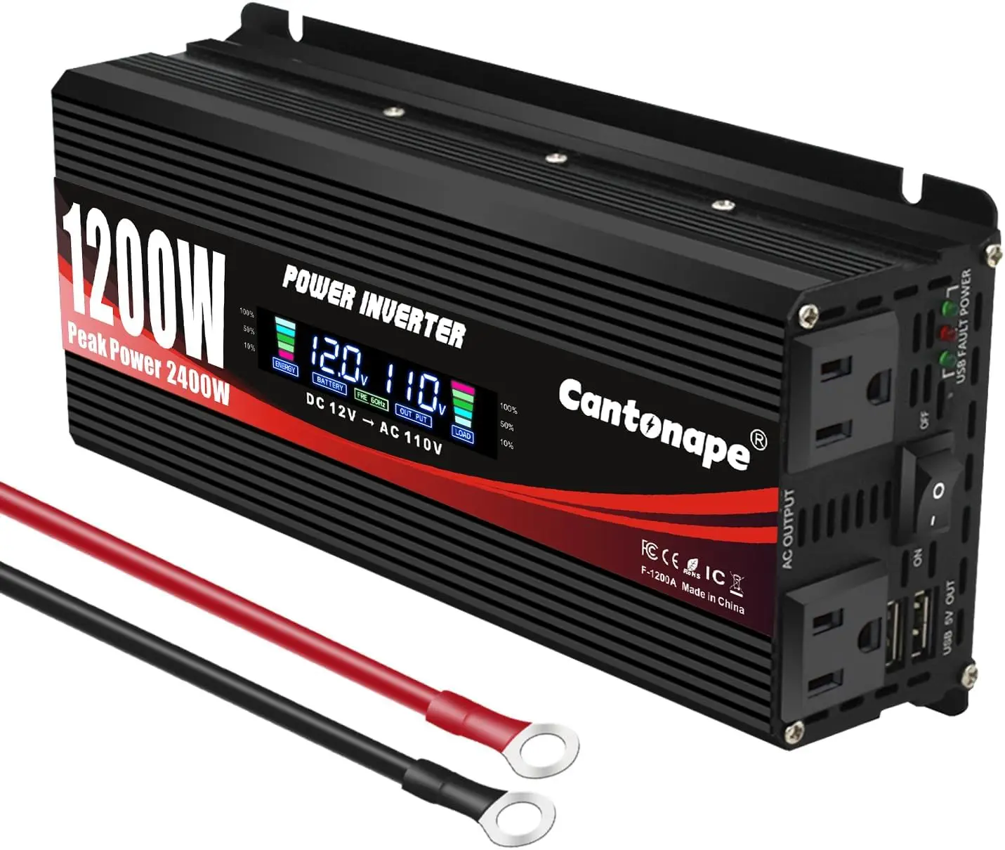

1200W Car Power Inverter 12V to 110V AC with LCD Dual Outlets USB Charger Black