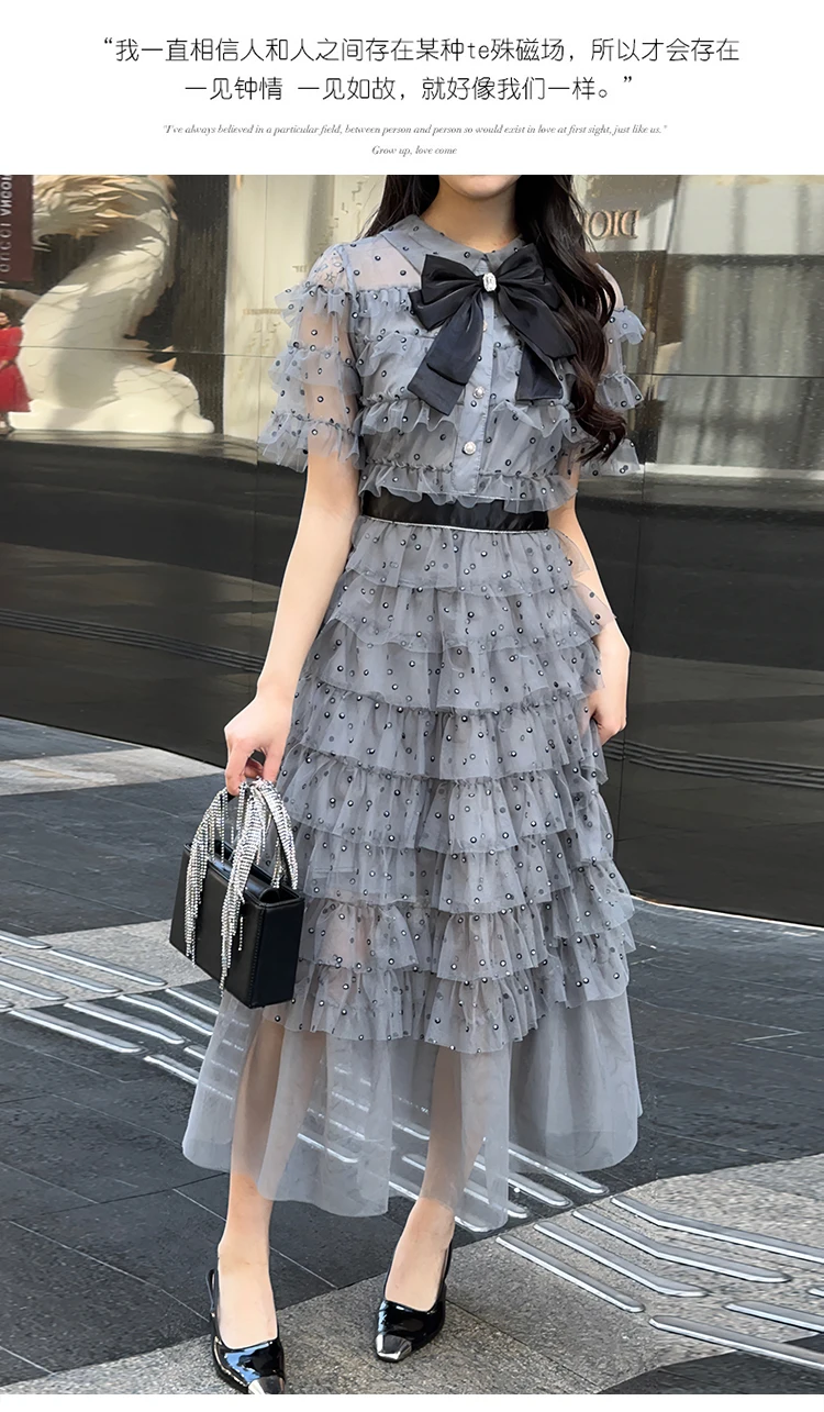 Polka Dot Flare แขนสั้นเพชร Maxi ชุดฤดูใบไม้ผลิและฤดูร้อนเอวสูง Multi Layered Ruffles Patchwork Vestidos