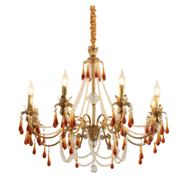 Living Room French Candle Chandelier Luxury Copper E14 Led Pendant Light Lustre Red Crystal Hanging Lamp Led Luminarias Lighting