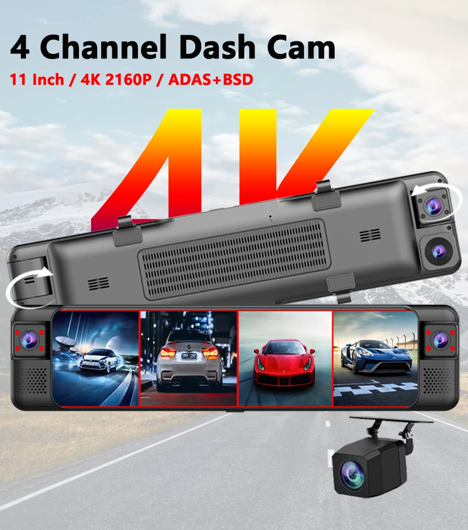 4CH 11.26 Inch 4K+1K+1K+1K Rearview Mirror 360° Dash Cam ADAS BSD WiFi Night Vision 24H Parking Monitor Time-Lapse Car DVR