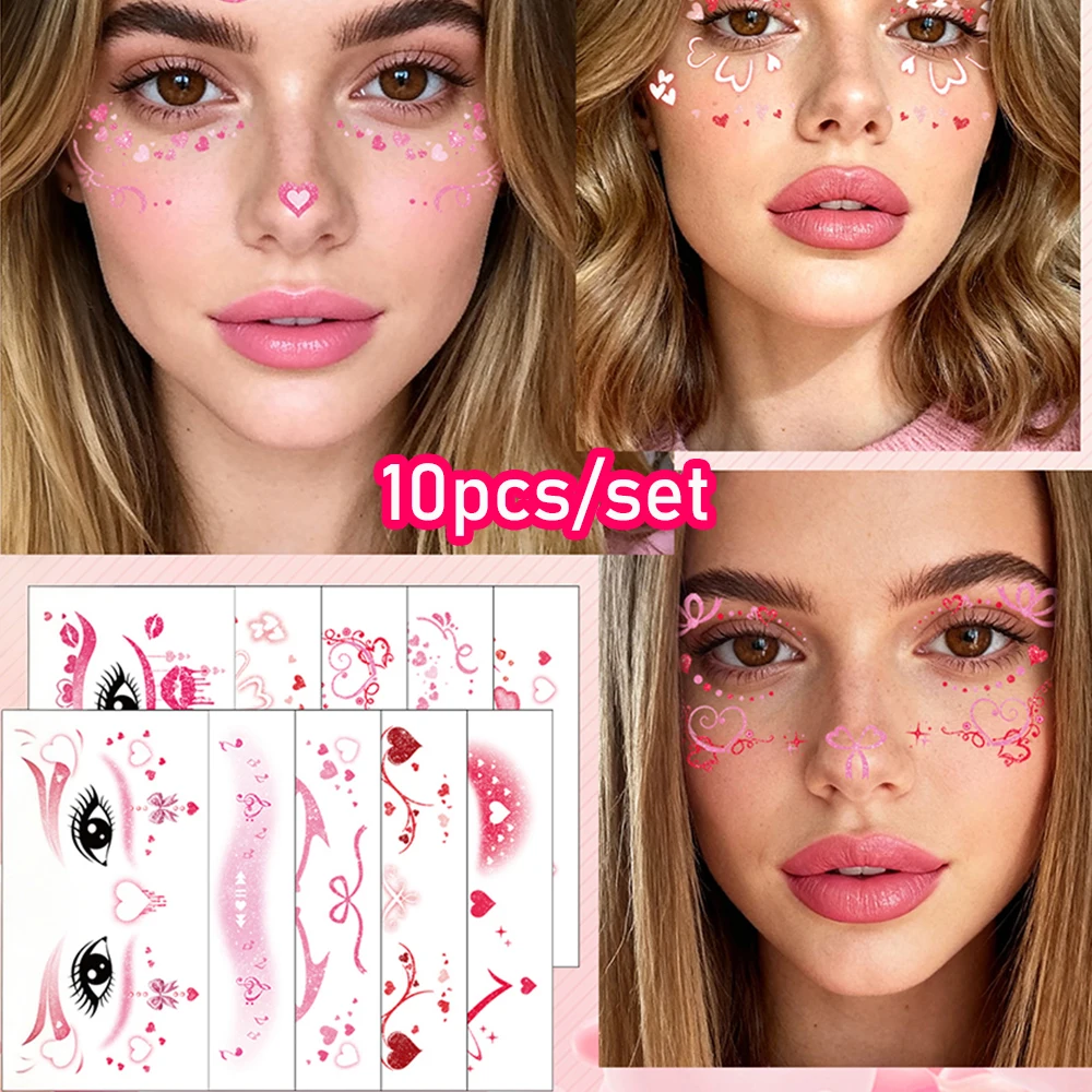 

10pcs Love Heart Temporary Face Tattoo Stickers for Makeup Decoration Pink Love Heart Fake Freckle Decals for Valentines Day DIY