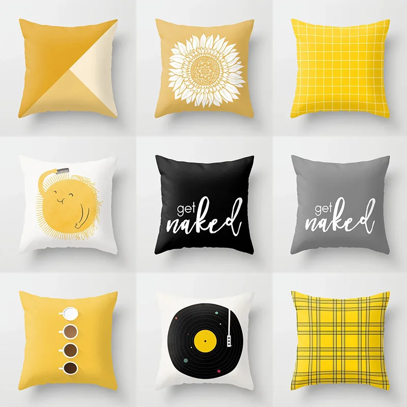 Geometric yellow check pattern throw pillow cover with short plush print for living room sofa decoration cushion cover