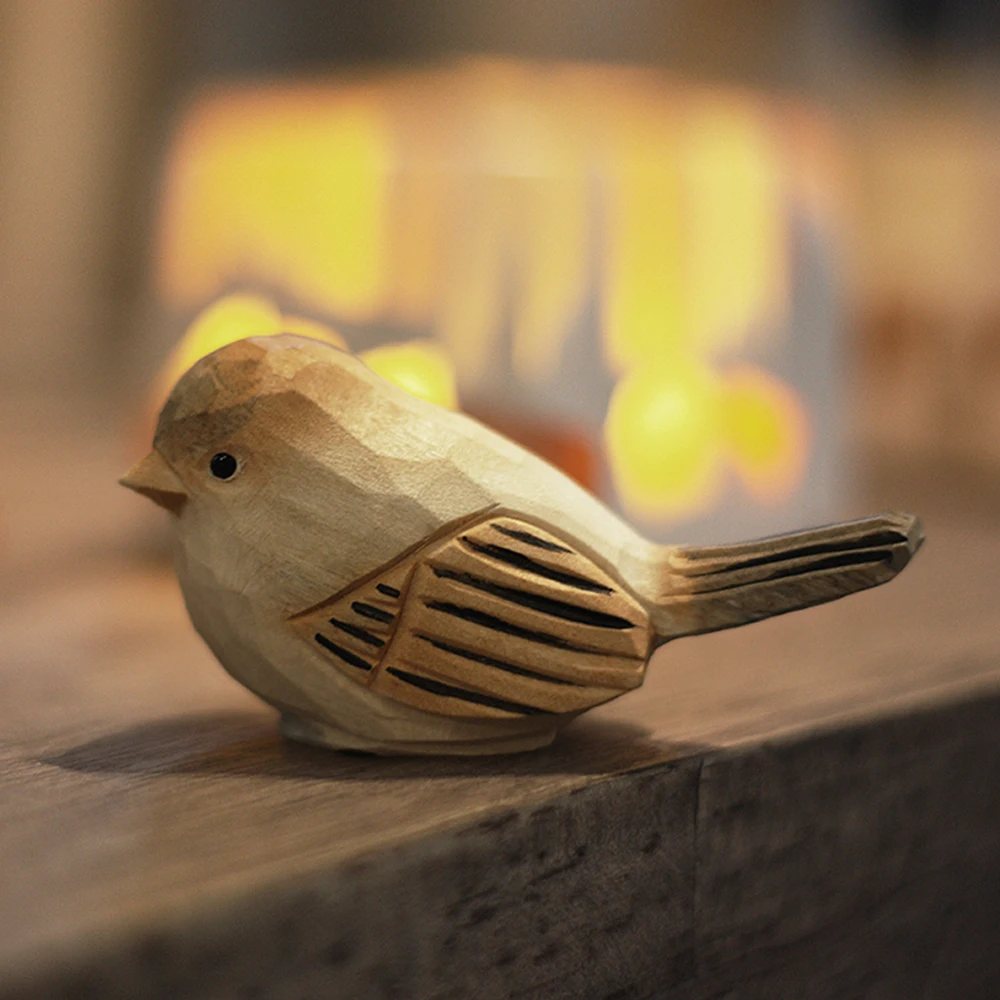 Figura de gorrion de madera tallada a mano, linda estatua de pájaro, escultura de madera natural para decoración del hogar, adorno de escritorio, regalo para amantes de los animales