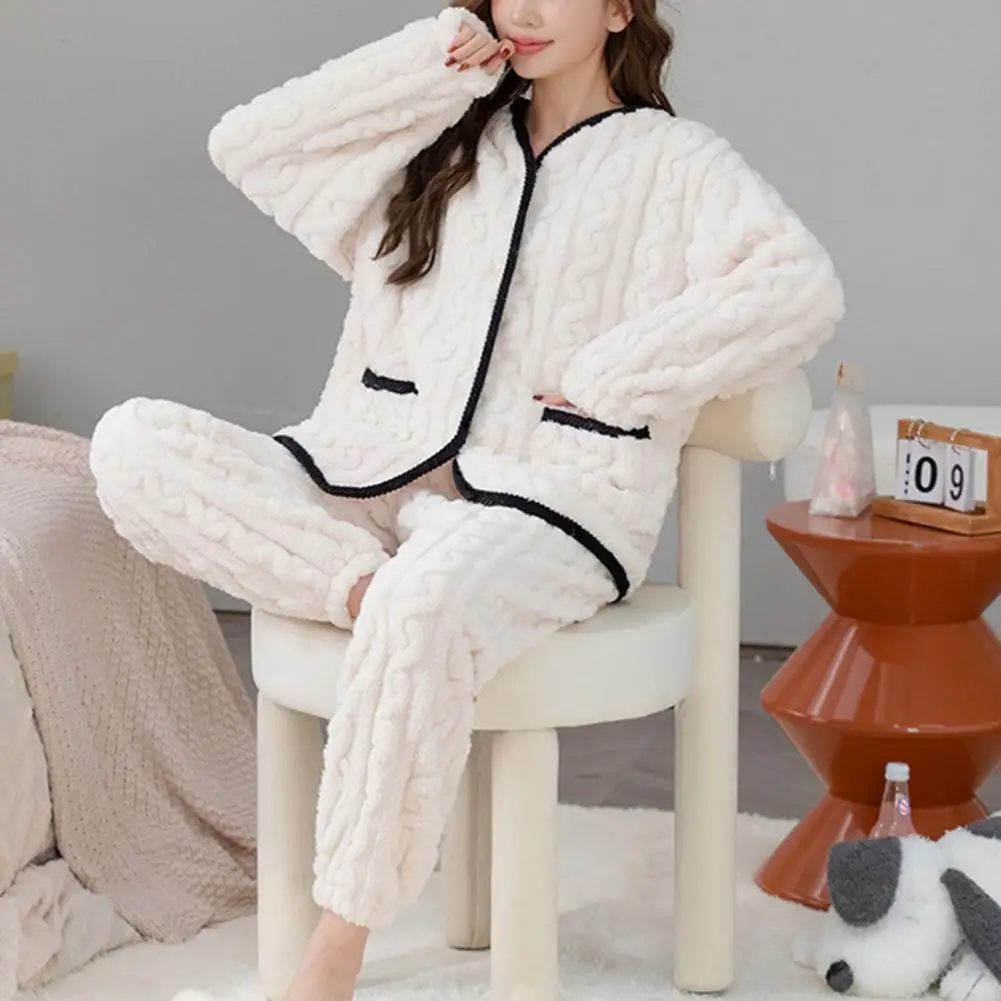 Warm Pajamas Pockets 2 Nightwear Loungewear Sleeve Thermal Plush Suit Women Set Fluffy Winter Autumn Pieces Long Sleepwear Fuzzy