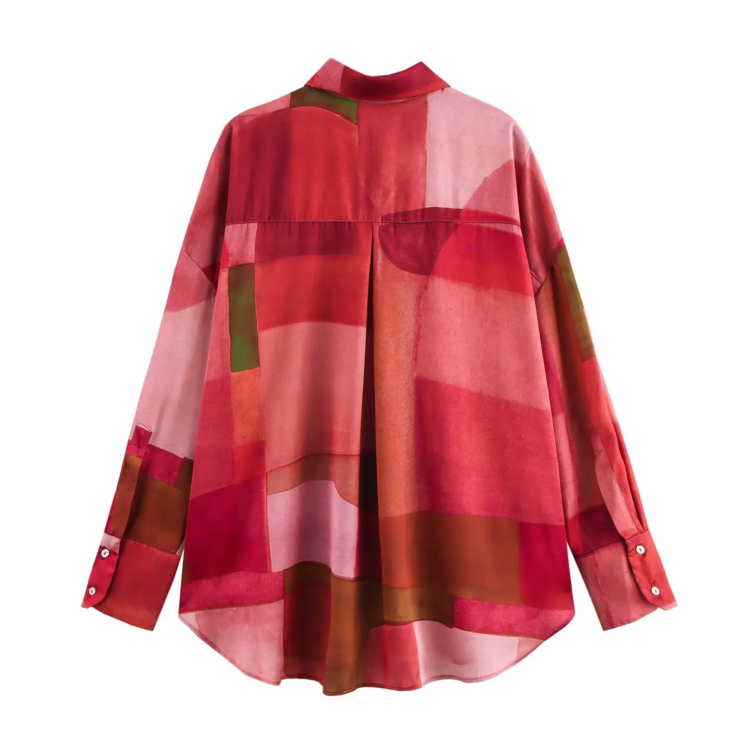 TAOP&ZA Women's 2025 Spring New Casual Lapel Long Sleeve Geometric Satin Textured Shirt 2628188