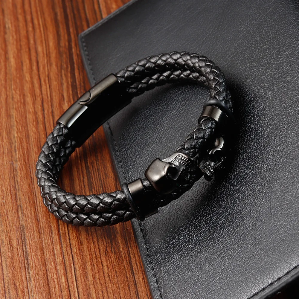 Skull Stainless Steel Bracelet Ghost Head Men\'s Leather Bracelet Braided Bracelet Handmade Multilayer Genuine Leather Bracelet
