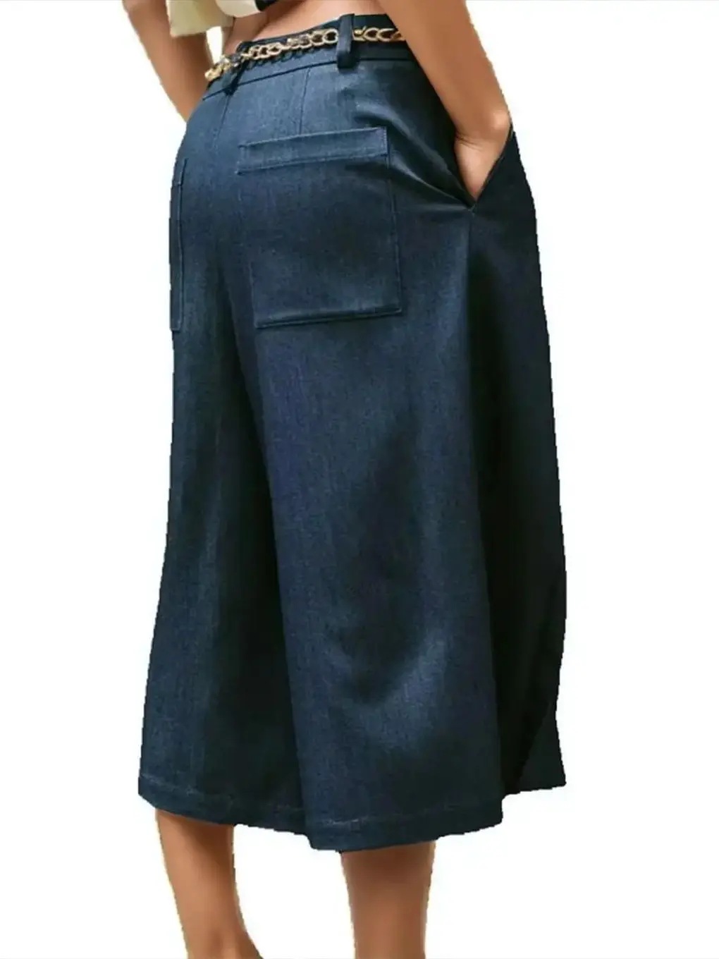 2026 Summer Fashion Women's Vintage High Waist Straight Trousers & Belt Female Elegant Knee Length Street Wide Leg Chain Pants