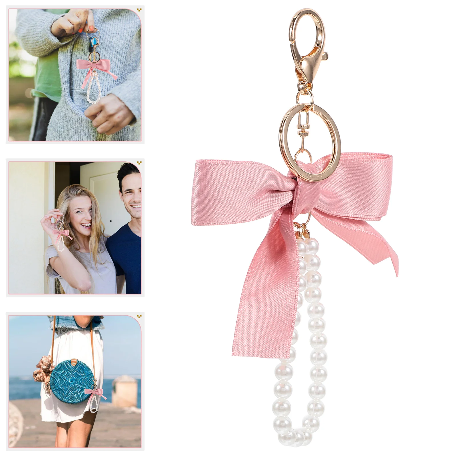 Pearl Chain Bow Keychain Cute for Keys Ring Bowknot Keychains Women's Purse Hanging Charms