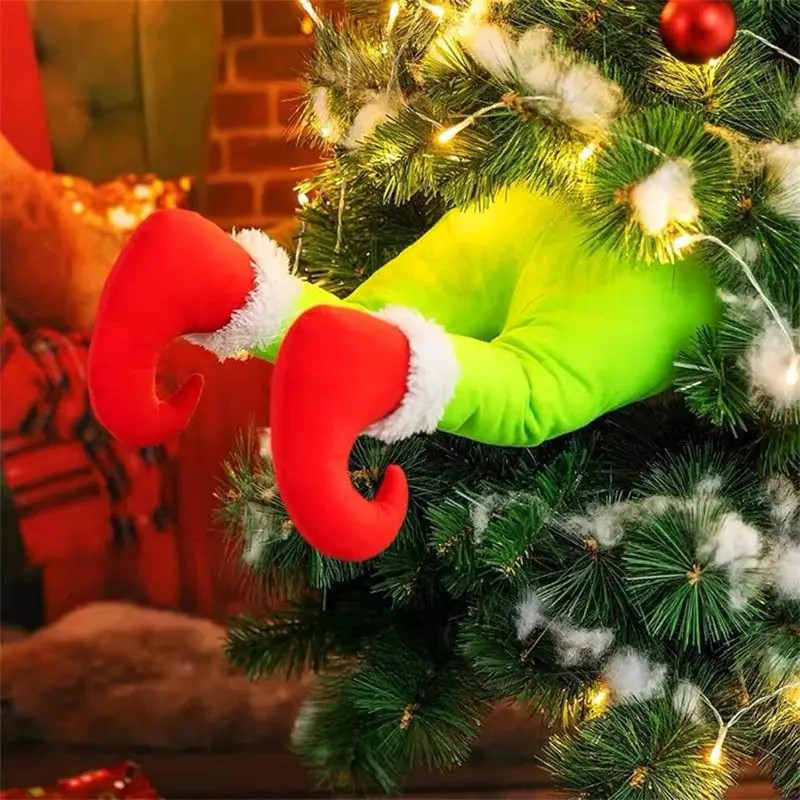 Green Elf Legs Christmas Tree Decorations, Christmas Green Monster Stuck in Xmas Tree Topper Decor