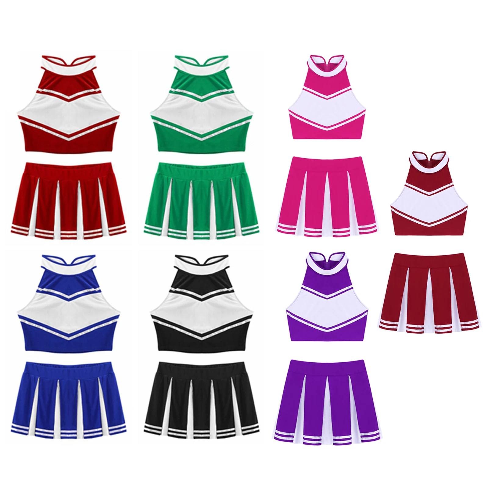 Womens Girls Cheerleading Uniform Cheerleader Cosplay Costume Set Japanese Schoolgirl  Charming Crop Top with Mini Pleated Skirt