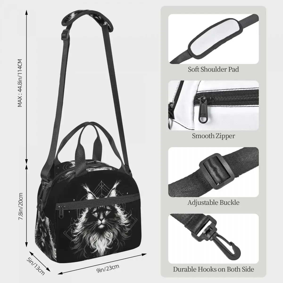 Monochromatic Outline Magical Maine Coon Cat Lunch Bags Insulated Bento Box Lunch Tote Picnic Bags Thermal Bag for Woman work