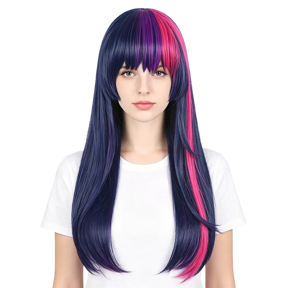 Navy Blue Pink Purple Highlight Cosplay Wig Long Straight Hime Cut Heat Resistant Synthetic Hair For Halloween Comic Con Party