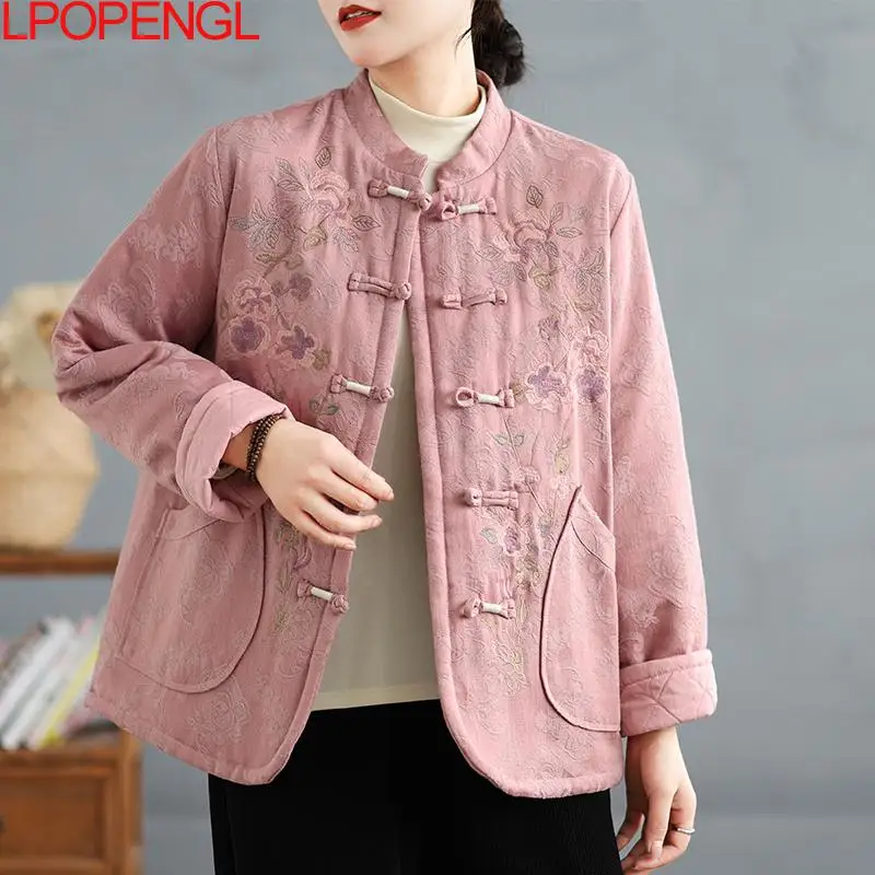 2024 Autumn And Winter New Ethnic Style Jacquard Embroidered Padded Jacket Single-breasted Warm Retro Long Sleeves Cotton Coat