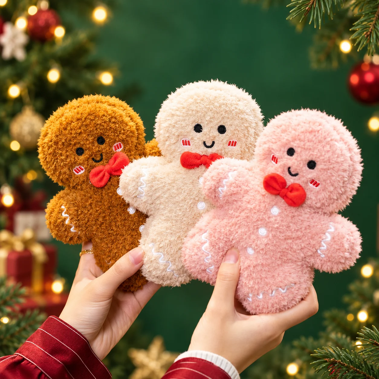 Cute Gingerbread Man Plush Toy Soft Stuffed Christmas Cookie Doll with Bow Tie Holiday Party Decor Kids Xmas Gift