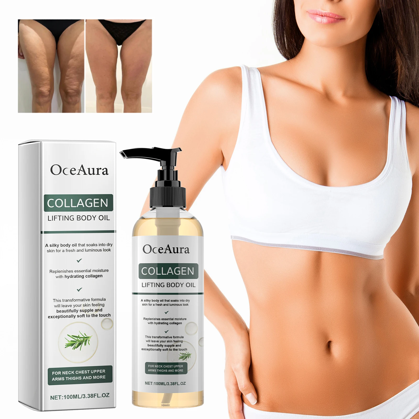 Collagen Body Oil - Moisturizing Hydrating Skin Dry Rough Improving Skin Hydration Elasticity, Firming Anti-Aging Body Serum for Sagging Skin Stretch Marks Crepey Dry Skin, Nourishing Glow Moisturizer for Women Neck Chest Legs, Fast Absorbing Massage Oil