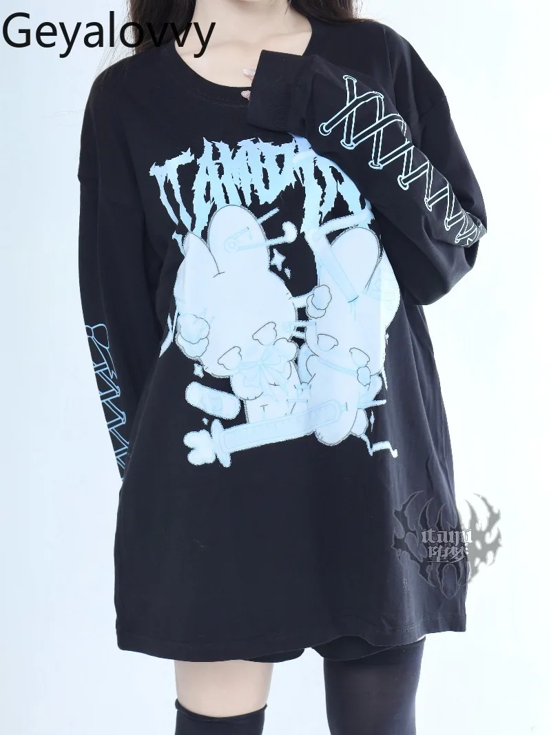 

Оригинальная хлопковая футболка с круглым вырезом и длинными рукавами с принтом, толстовка массового производства, милые японские универсальные топы с милым принтом