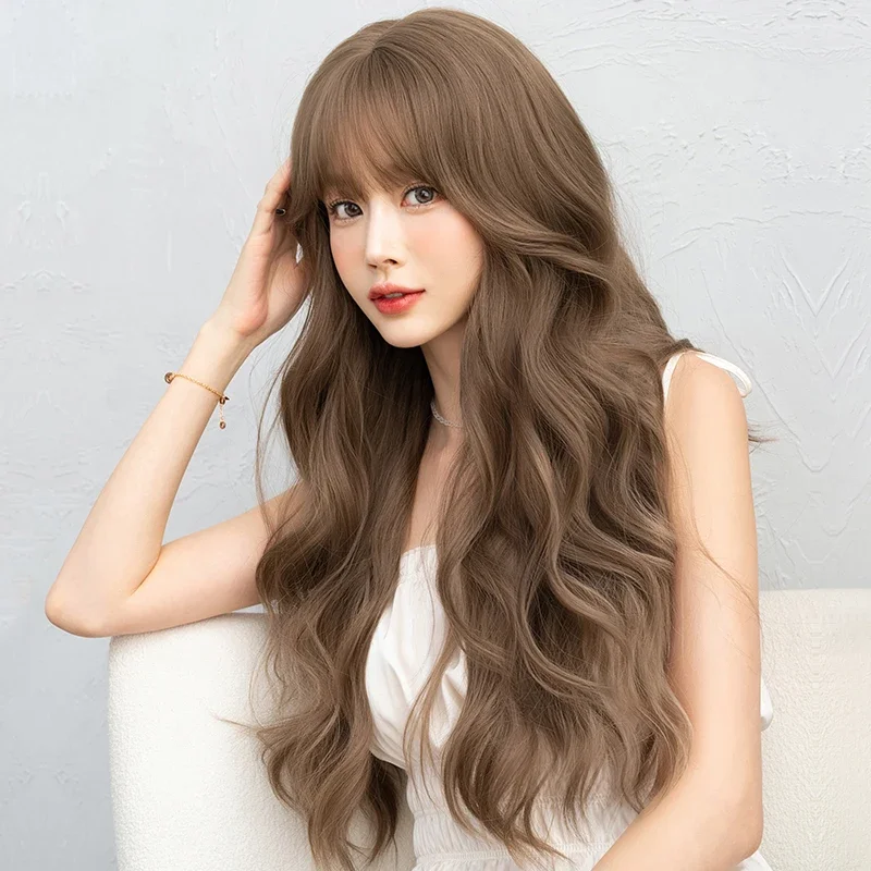 NAMM Routine Wig Heat Resistant Synthetic Body Wave Light Brown Wig For Women High Density Loose Brown Hair Wigs with Bangs