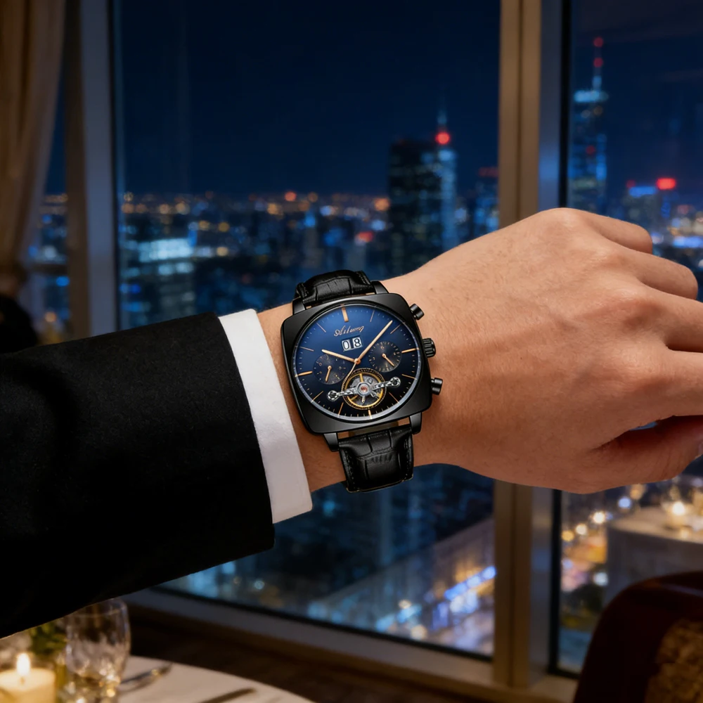 AILANG Top Luxury Brand Men's Fully Automatic Mechanical Tourbillon Watch Leather Calendar Luminous Square Skeleton Watch Men