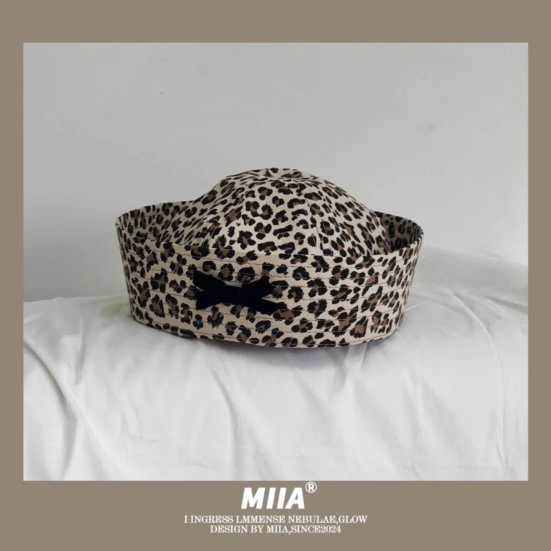 Y2k Niche Leopard Print Spice Girl Sailor Hats for Women Summer Autumn Thin Casual Versatile Retro Flipped Brim Berets Cap