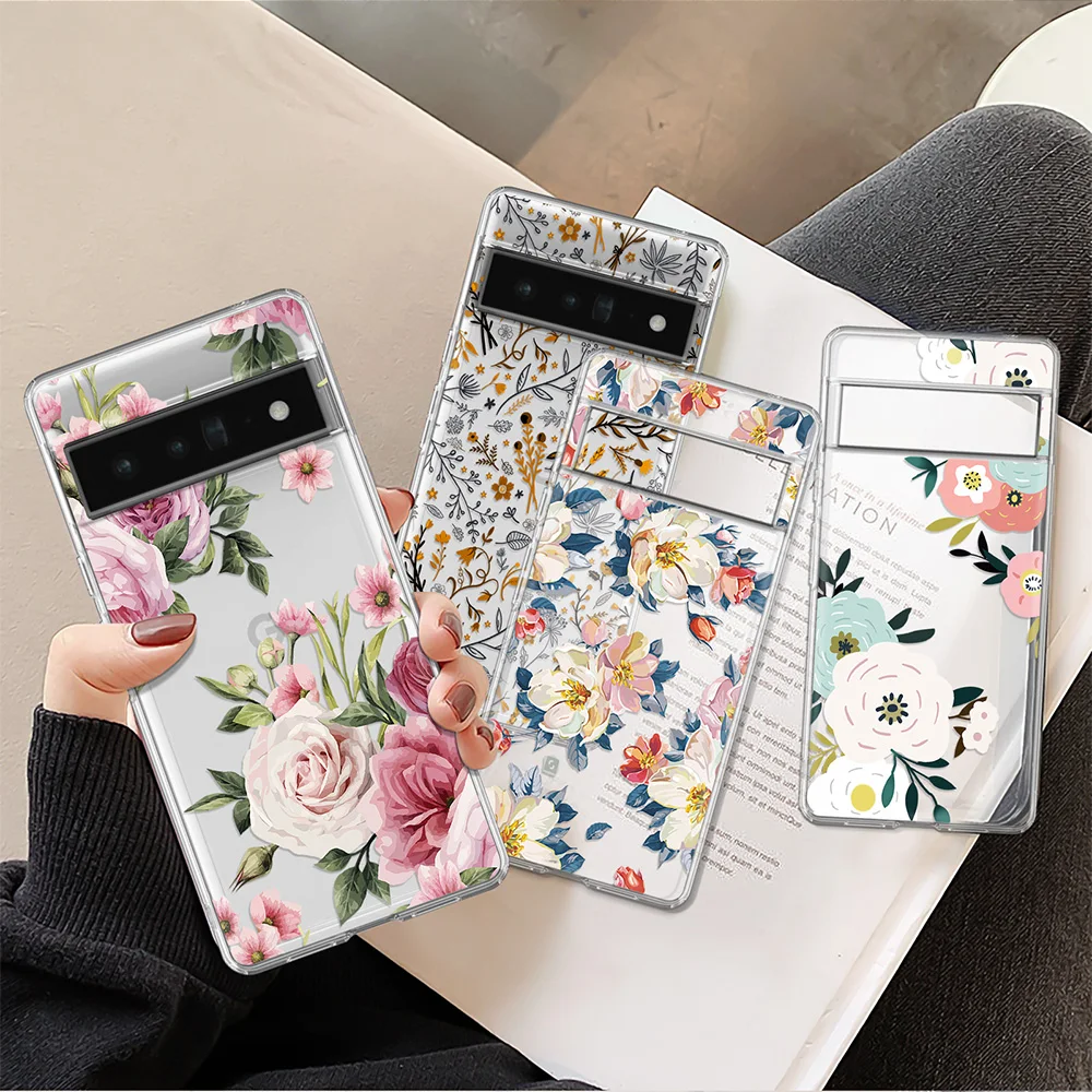 Floral Phone Case for Google Pixel 7a 7Pro 7 6a 6 6Pro 5 5a 5G 4XL 4 2 3XL 3 3a 3aXL 4a Transparent Soft TPU Back Cover Carcasa