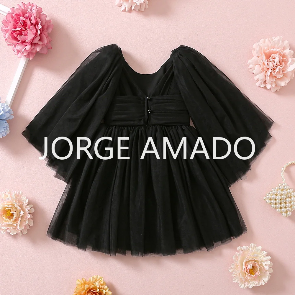 Kids Girls Summer Princess Dress Toddler Puff Sleeve V Neck Tulle Tutu Dresses Wedding Flower Girl Birthday Clothes  E70032-7