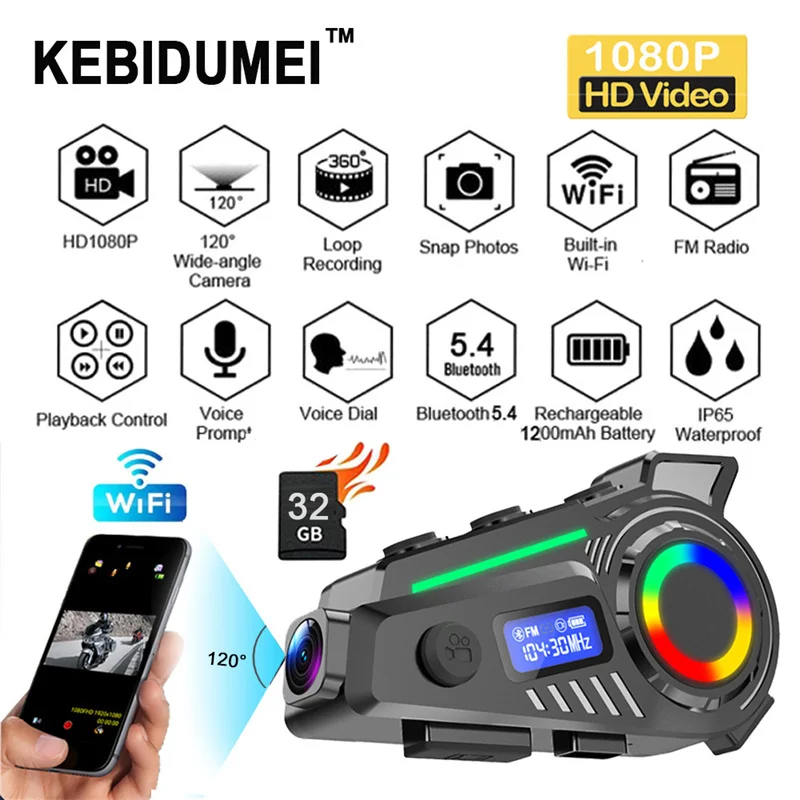 

1080P RGB Мотоциклетный шлем Гарнитура Wi-Fi DVR Bluetooth V5.4 Громкая связь FM-радио GPS История Трек TF-карта Видеорегистратор
