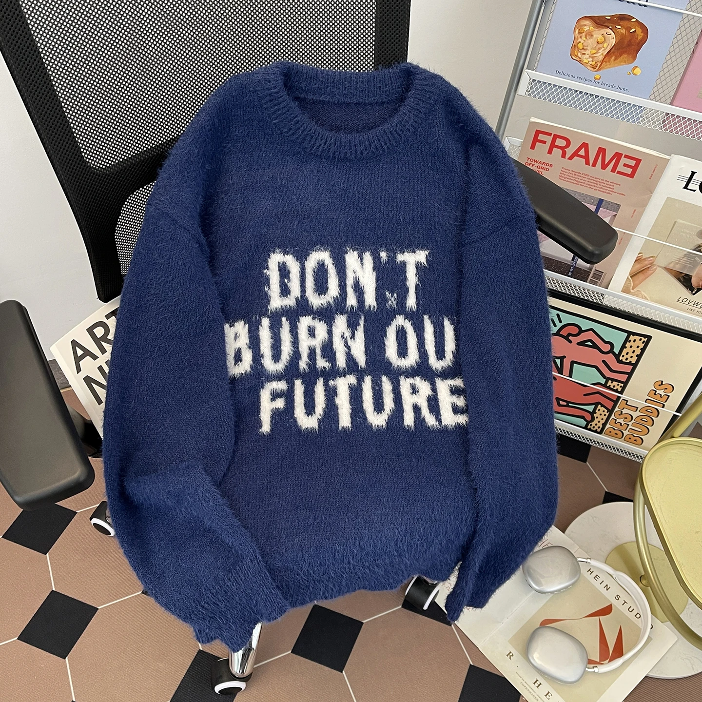 

Американский синий вязаный свободный крой в стиле ретро, круглый свитер Ne, мужская осенне-зимняя верхняя одежда, мягкий теплый трикотаж, топ