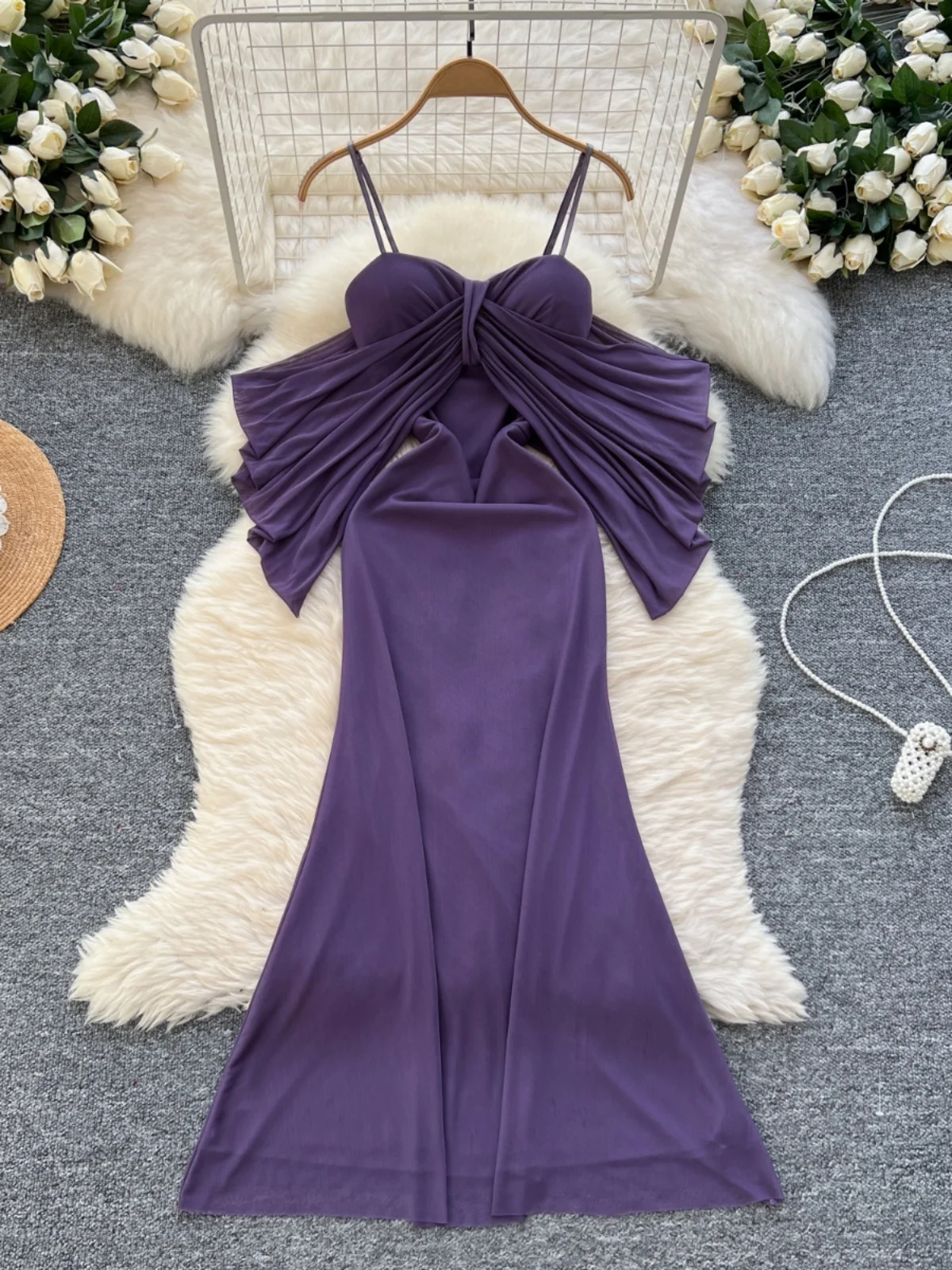 エレガントなノットショルダーブライドメイドドレス女性の秋のロングドレス高級ミニマリストスタイル A ラインスカート韓国語バージョンミディドレス