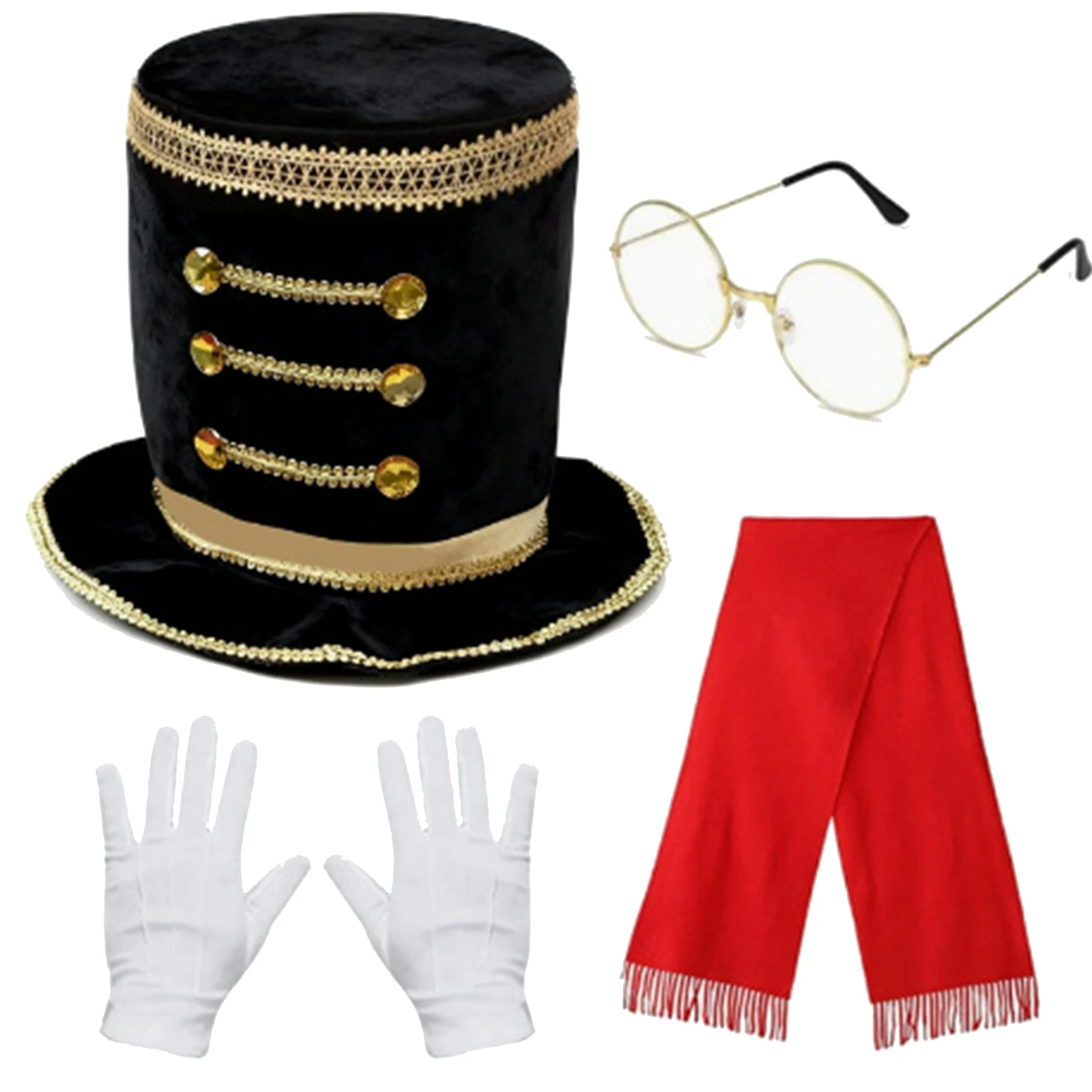 4 pezzi per bambini cappello da mago per adulti elegante berretto da jazz festa cosplay accessori per costumi da circo pupazzi di neve cappello a cilindro sciarpa occhiali e guanti